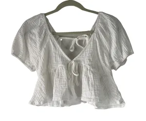 Miami Women's Size Medium White Gauze Cottage Beach Cropped‎ Babydoll Top thumbnail 1
