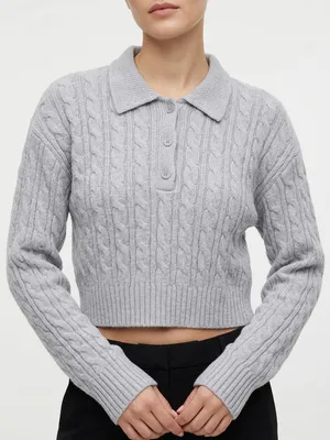Aritzia Sunday Best Rosebud Polo Sweater S Gray Wool Cable Knit Cropped thumbnail 1
