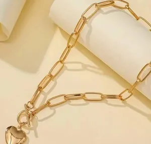 Golden Heart Pendant Chunky Chain Necklace, Alloy Gold Tone thumbnail 2