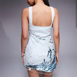 ASOS DESIGN square neck embellished wave mini dress in blue thumbnail 3