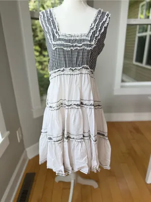 Vintage Handmade Black & White Gingham Tiered Cotton Midi Dress FLAW thumbnail 7