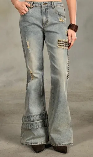 Womens Romwe Grunge Punk Cross Print Wide Leg Jeans, Size 6 (Medium), NWT thumbnail 1