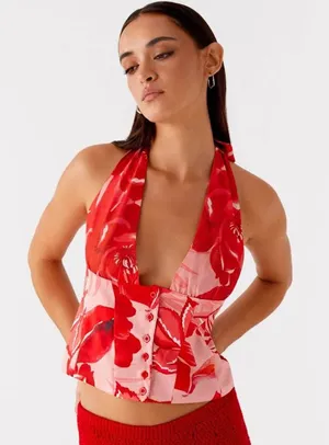NEW! Peppermayo Lets Pretend Halterneck red floral Top sicily sunsets print US 0 thumbnail 1