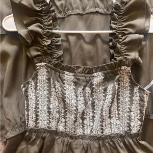 Boho Embroidered Ruffle Strap Tiered Maxi Dress Olive Brown Smocked Back Women thumbnail 6