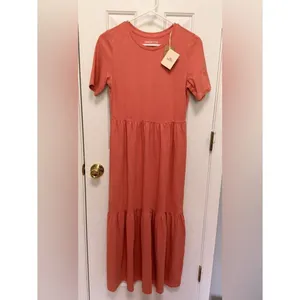 NWT Faherty Branson Dress Desert Sand Coral Tiered Midi Organic Cotton‎ XS thumbnail 2