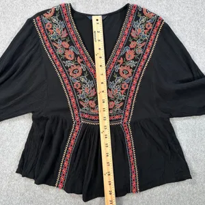 American Eagle Peasant V-Neck Top Size X-Small Embroidered Gauzy Balloon Sleeve thumbnail 5