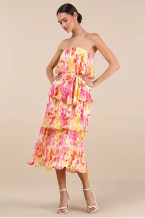Nessa Yellow and Pink Abstract Plisse Tiered Midi Dress thumbnail 3