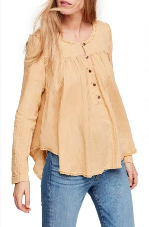 We The Free Sand Dune Henley LG Gauze Button Down Tunic Golden Yellow Boho Flowy thumbnail 1