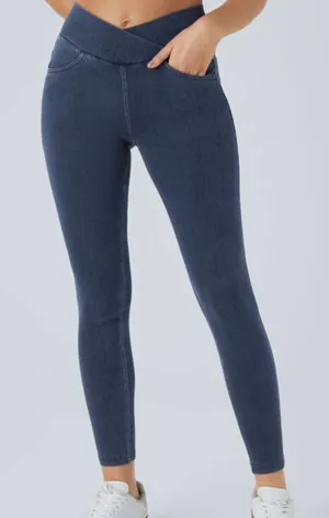 Halara Flex High Waisted Crossover Pockets Denim Work Leggings Small Full Length thumbnail 1