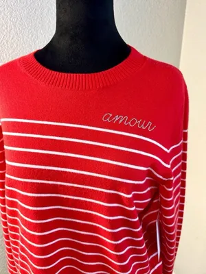Red Striped Sweater with 'Amour' Embroidery Long Sleeve thumbnail 3
