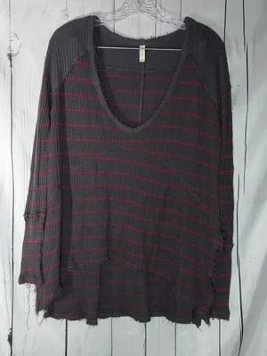 Free People Distressed V-Neck Waffle Knit Grunge Boho Casual Long Sleeve Top thumbnail 1