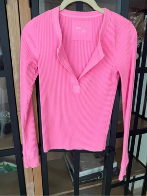 Aerie Bright Pink Ribbed Long Sleeve Henley Top neon tee crop vneck fitted thumbnail 4