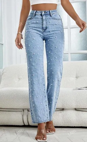 Women's Light Blue Pearl Beaded Slightly Flare Jeans thumbnail 9