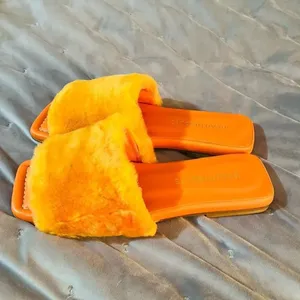 BEAUTIISOLES Faux Fur Sofie Slide Orange Shearling Leather 7.5 NIB thumbnail 6