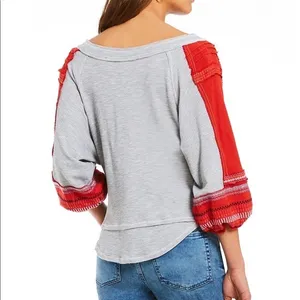 We the Free People Red embroidered Bubble‎ Sleeve Gray Shirt XS thumbnail 3