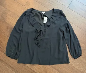 J. Crew Black Ruffle V-Neck Blouse Size Medium NWT - C1-146 thumbnail 1