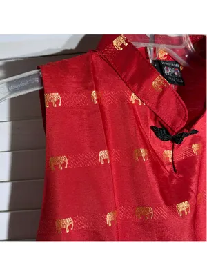 NWOT Thaisilk mod dress red gold elephant sleeveless unique elegant boho costume thumbnail 7