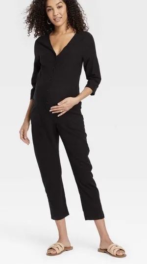 The Nines by HATCH Black 3/4 Sleeve Button-Front Maternity Crop‎ Jumpsuit Small thumbnail 1