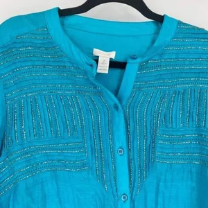 Chico’s Women's Pin Tuck Silver‎ Sequin Roll Tab Sleeves Blouse Turquoise large thumbnail 4