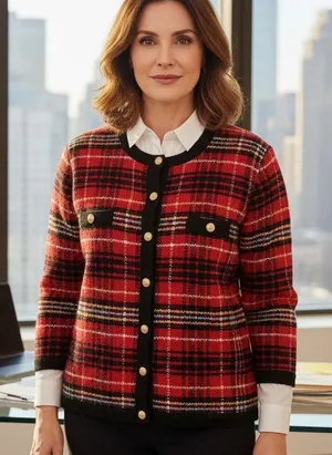 VTG Appleseeds Red Plaid Mohair Blend Cardigan Sweater Gold Button Jacket Large thumbnail 1