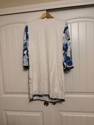 Boston Proper Beaded Dress Small White Blue Paisley Tie Front Rayon Lined Party thumbnail 3