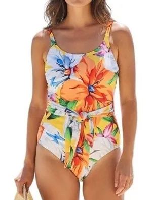 Palms Away Floral One Piece‎ Swimsuit Womens XS Yellow Tropical Tie Front NEW thumbnail 1