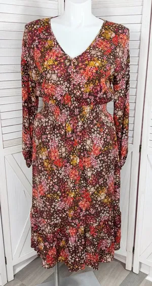 Cottagecore Floral‎ Smocked Waist Long Sleeve Boho Midi Dress Brown Multi Large thumbnail 1