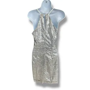 New Lulu's Hilaria Silver Sequin Bodycon Mini Halter Dress Faux Wrap Hem Small thumbnail 5