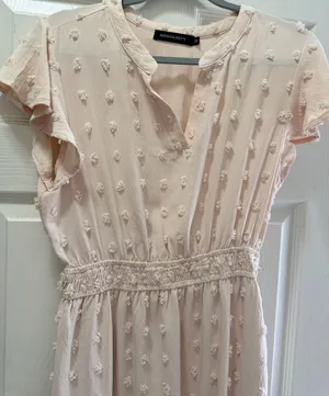 MEROKEETY Swiss Dot Maxi Dress Size M Pink Ruffle Flutter Sleeve V-Neck thumbnail 2