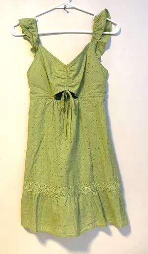 Live to be Spoiled Eyelet Cut Out Front Tie Ruffle Babydoll Sun Dress Green S thumbnail 1