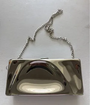 AKIRA Lead The Way Shiny Silver Metal Box Clutch Bag with Chain Strap thumbnail 1