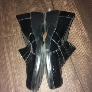 Clarks shiny crocodile pattern heeled black slip on shoes thumbnail 4