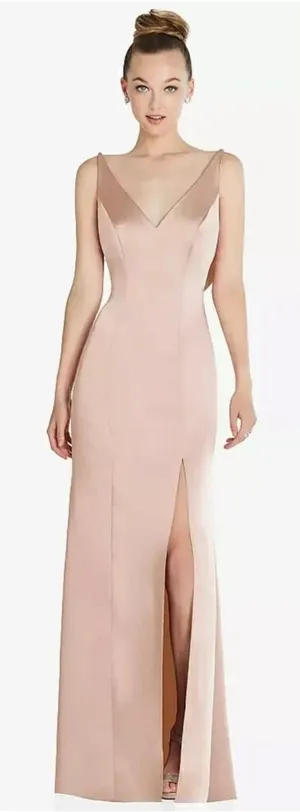 Dessy After Six Draped COWL-BACK Princess Line Dress FRONT SLIT in Cameo Size 4 thumbnail 1