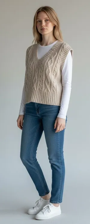 Ruby Moon Cable Knit V-Neck Sleeveless Sweater Vest, Tan, Size S, NWT‎ thumbnail 1