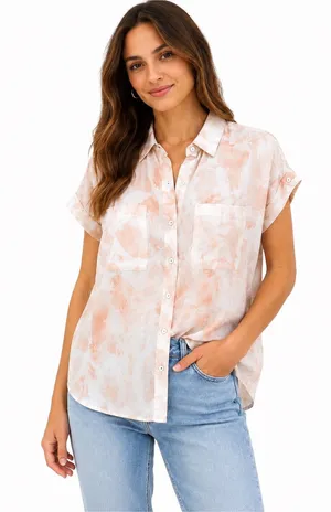 Cloth & Stone Anthropologie Blush Abstract Tencel Button Front Shirt Size S thumbnail 1