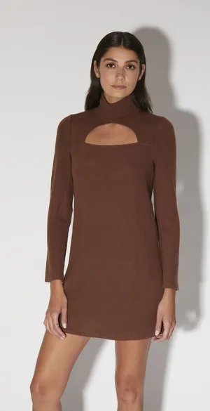 Walter Baker Ribbed Cutout Mini Harlow Dress Womens XS Brown Mock Neck Long‎ Slv thumbnail 1