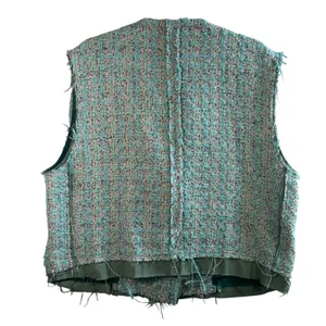 POL Tweed Vest Blazer Sleeveless Jacket Distressed Blue Cream‎ Small Oversized S thumbnail 2