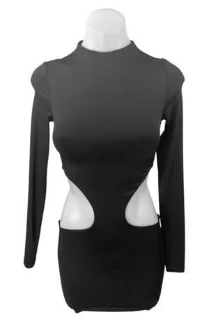 Meshki Black High Neck Cutout Long Sleeve Mini Bodycon Pencil Sweater Dress XS thumbnail 1