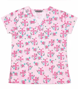 Wear For Care Pink Cross Scrub Top Size Small | V-Neck Medical Uniform | Nurse thumbnail 1