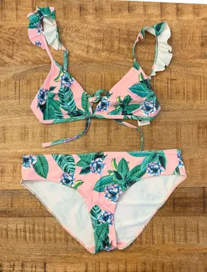 Asos Bikini Set M Tropical Floral Ruffle‎ Pink Two Piece Swimsuit Bathing Suit thumbnail 1