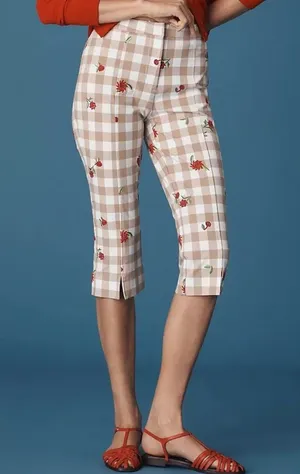 Anthropologie Maeve Tan/White Gingham Capri Floral Embroidered Pants Size 4P thumbnail 1
