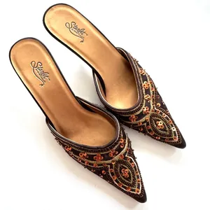 VTG Y2K Beaded Sequin Pointed Toe Chocolate Brown Kitten Heel Mule Size 6.5 thumbnail 1