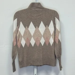 Rachel Zoe Women's Argyle Mock Neck Sweater Diamond Pattern Taupe Pink Cream Med thumbnail 2