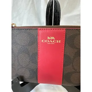 Coach Corner Zip Wristlet in Brown Red Signature Canvas NWT thumbnail 3