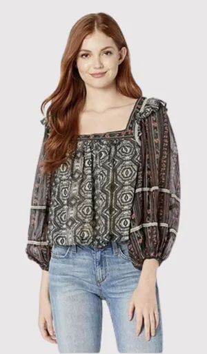 Free People Womens Top Gray Mostly Meadow Blouse Aztec Babydoll Boho Medium thumbnail 1