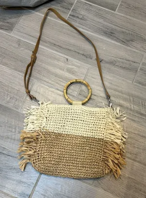 Boho Straw Crossbody Bag Bamboo‎ Handle Fringe Tote Beach Purse Two Tone Chic thumbnail 1