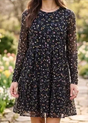 AFRM Mesh Tiered‎ Babydoll Floral Mini Dress Small thumbnail 1