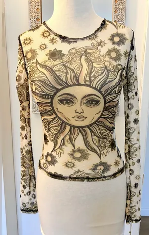 Urban Outfitters Vintage-Vibe Sun & Stars Print Mesh Long-Sleeve Crew Neck Top. thumbnail 1