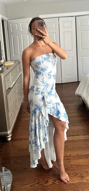 White with blue flower dress thumbnail 1