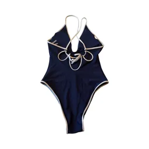 Aerie Womens Navy Blue White Trim Lace Up Back High Cut‎ One Piece Swimsuit S thumbnail 5